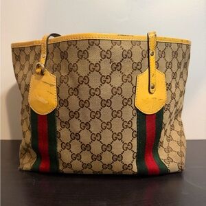 Gucci Beige Tote with Yellow and Green-Red Stripes